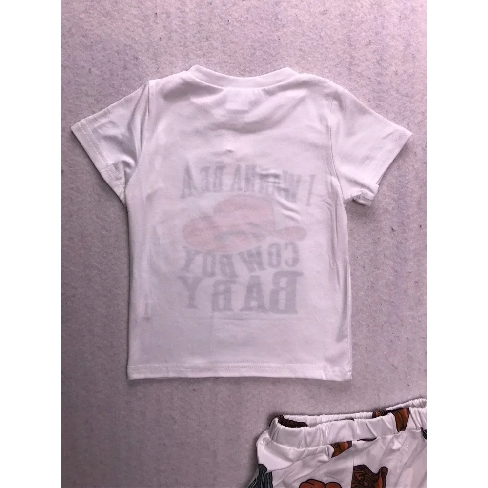 Boutique Shorts Set Kids 9-12M White Cowboy Graphic Western Outfit